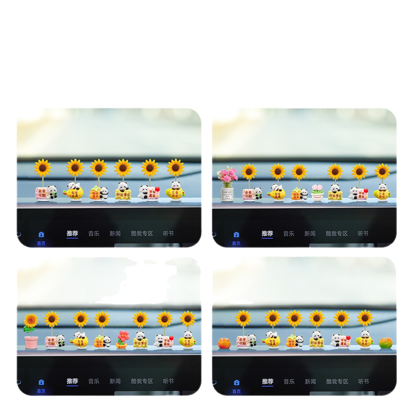 New Style Sunflower Car Ornaments, Cute Panda Shaking Head Car Center Console Rearview Mirror Decorations