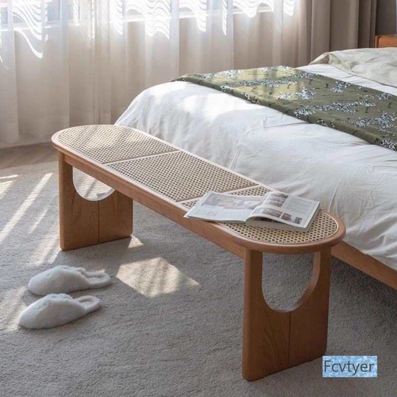 Minimalist Designer Long Bench for Home Dining, Luxury Rattan Stool, End-Of-Bed Bench, Solid Wood Shoe-Changing Bench, Vintage