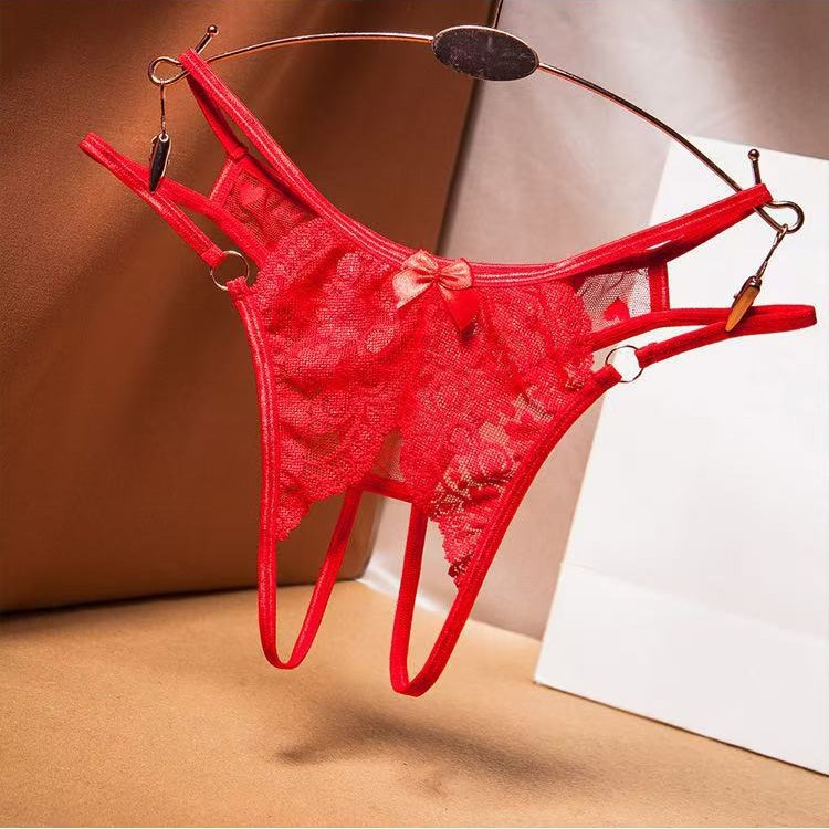 Sexy Panties with Open Crotch, No Need to Take Off, Tearable Lace See-Through Thong, Bed Temptation, Flirting Metal Ring Sexy T-Pants
