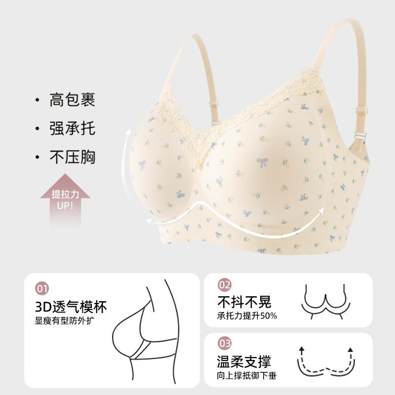 Floral Lace Lingerie for Women with Small Busts, Wireless, Soft Support, Anti-Sagging, Sweet, Push-Up, Sexy, Thin, Beautiful Back Bra