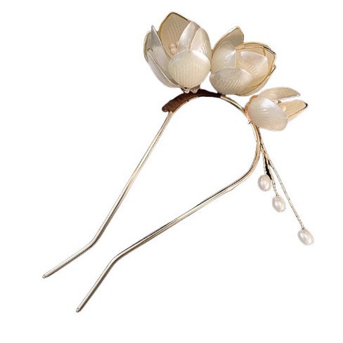 Magnolia Flower U-Shaped Hairpin Wrapped Flower Hairpin Flower Headdress New Chinoiserie Cheongsam Hair Fork Hairpin Ball Head Hair Artifact