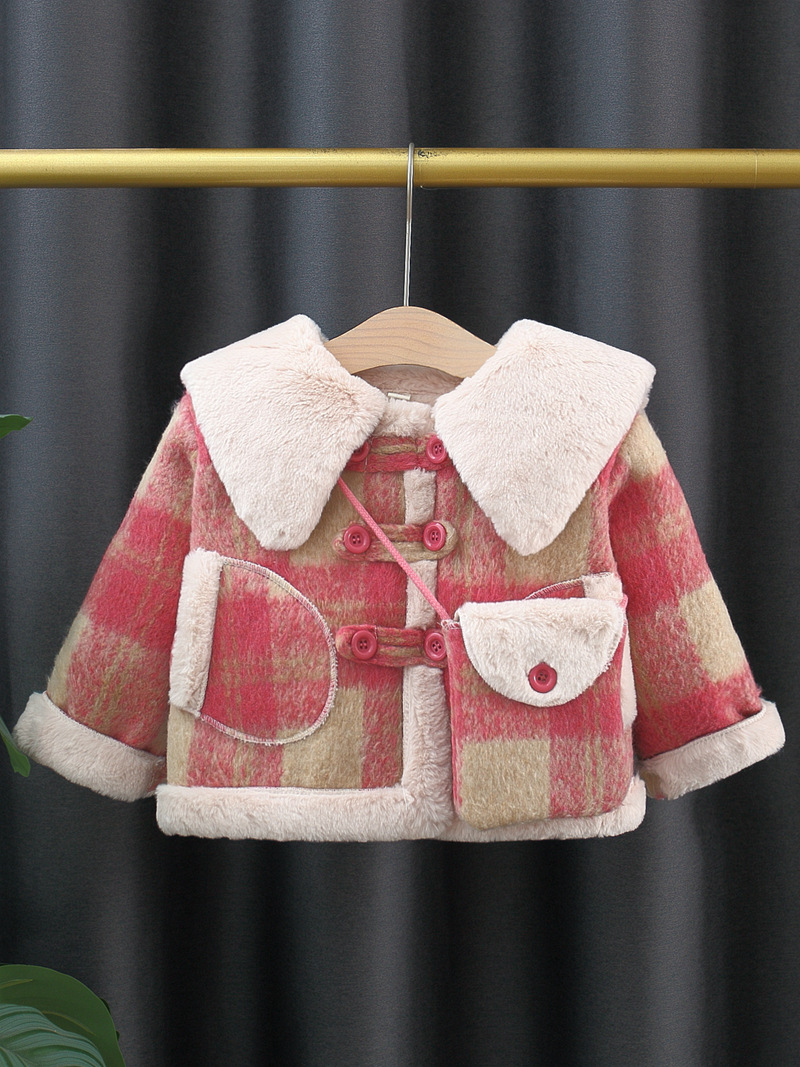 Girls' Outwears, Autumn and Winter Woolen Outwears, New Styles, Kidsren's Winter Woolen Outwears, Baby Fleece-Lined Pink Plaid, Export Trend