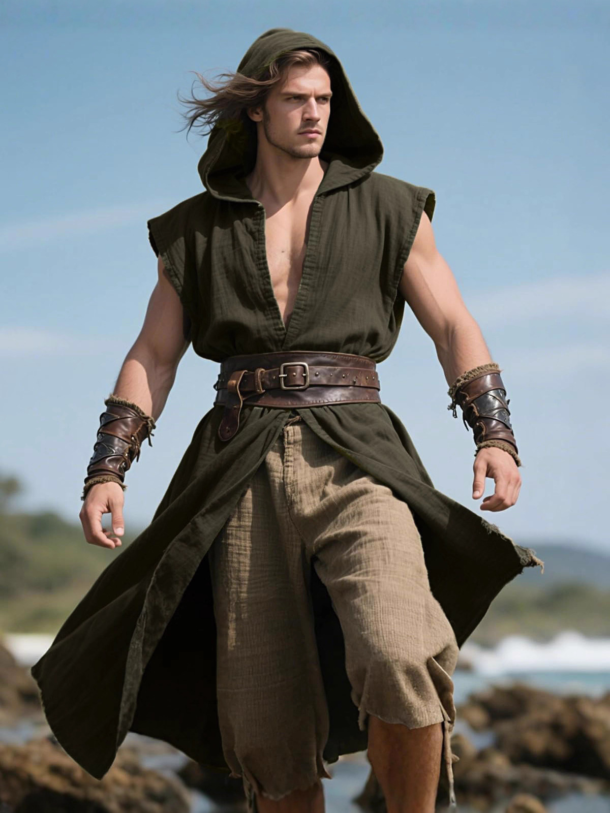 Men's Medieval Hooded Sleeveless Outerwear Renaissance Robe Sleeveless Vest Vikings