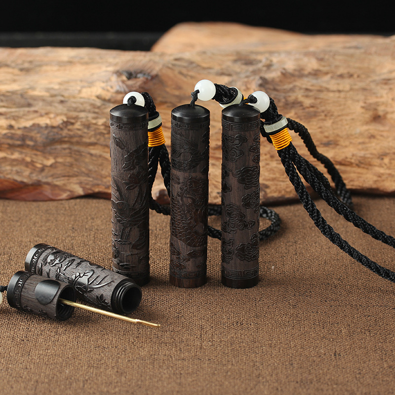 Ebony Snuff Bottle Wooden Antique Carry-on Handle Snuff Bottle Solid Wood Carved Snuff Powder Bottle