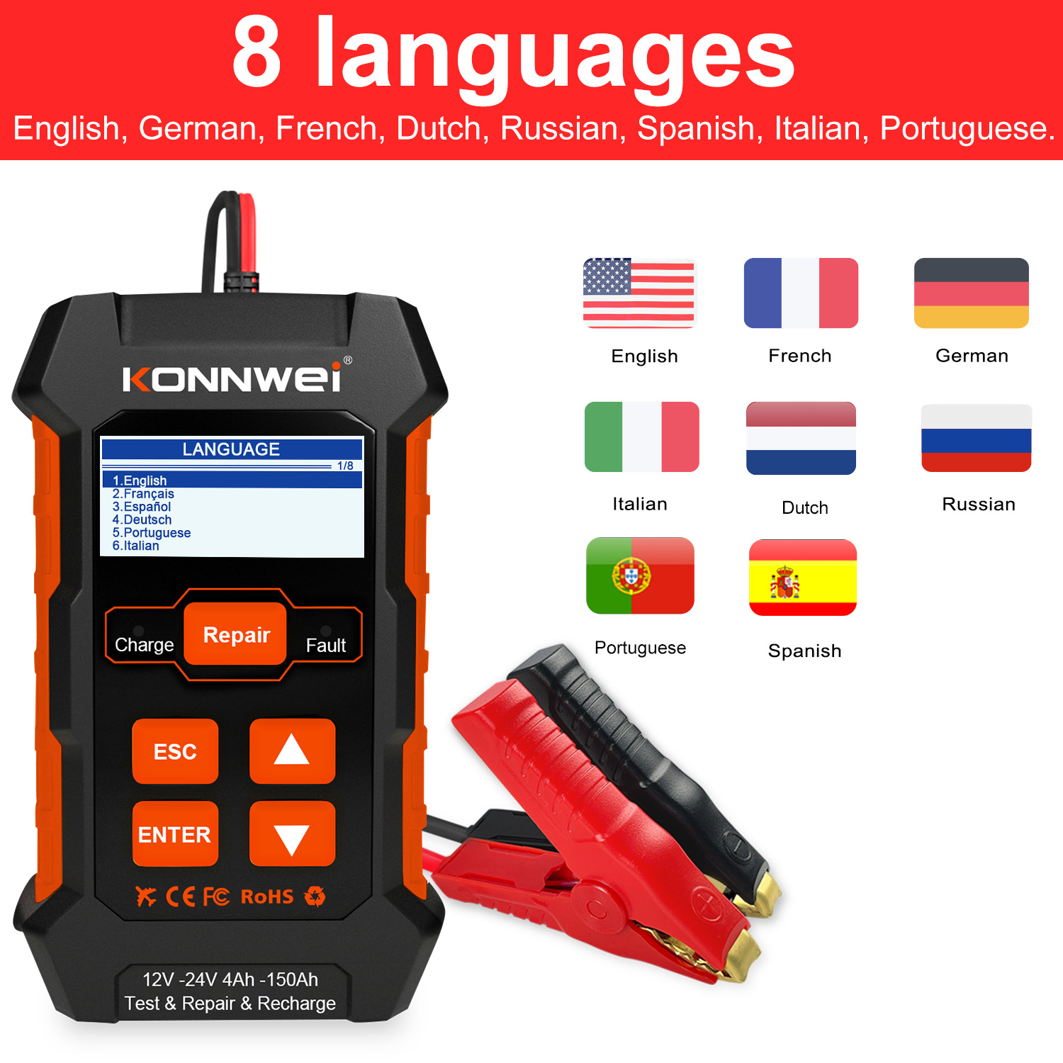 KONNWEI New KW520,10A CAr BAttery ChArger RepAir Instrument Detector Three-in-one Products