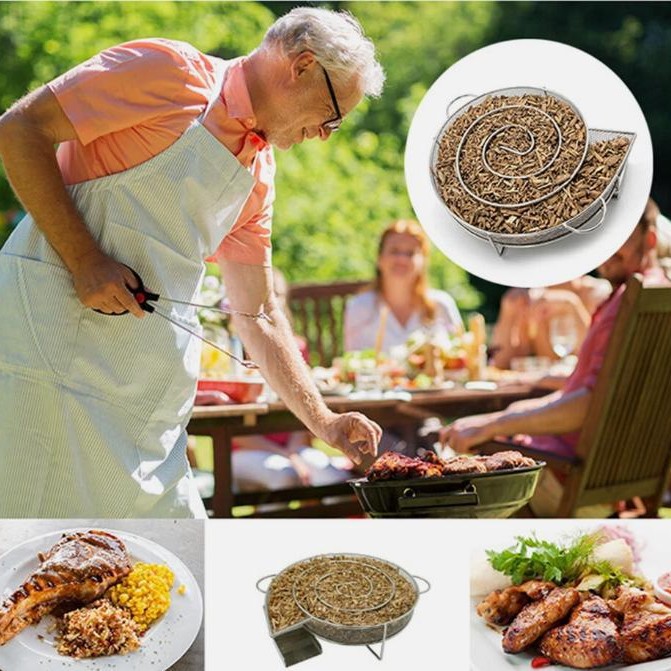 Cross-Border E-Commerce Hot-Selling Wood Chip Smoking Box Round Stainless Steel Cold Smoke Barbecue Smoking Basket Smoking Grid Tray