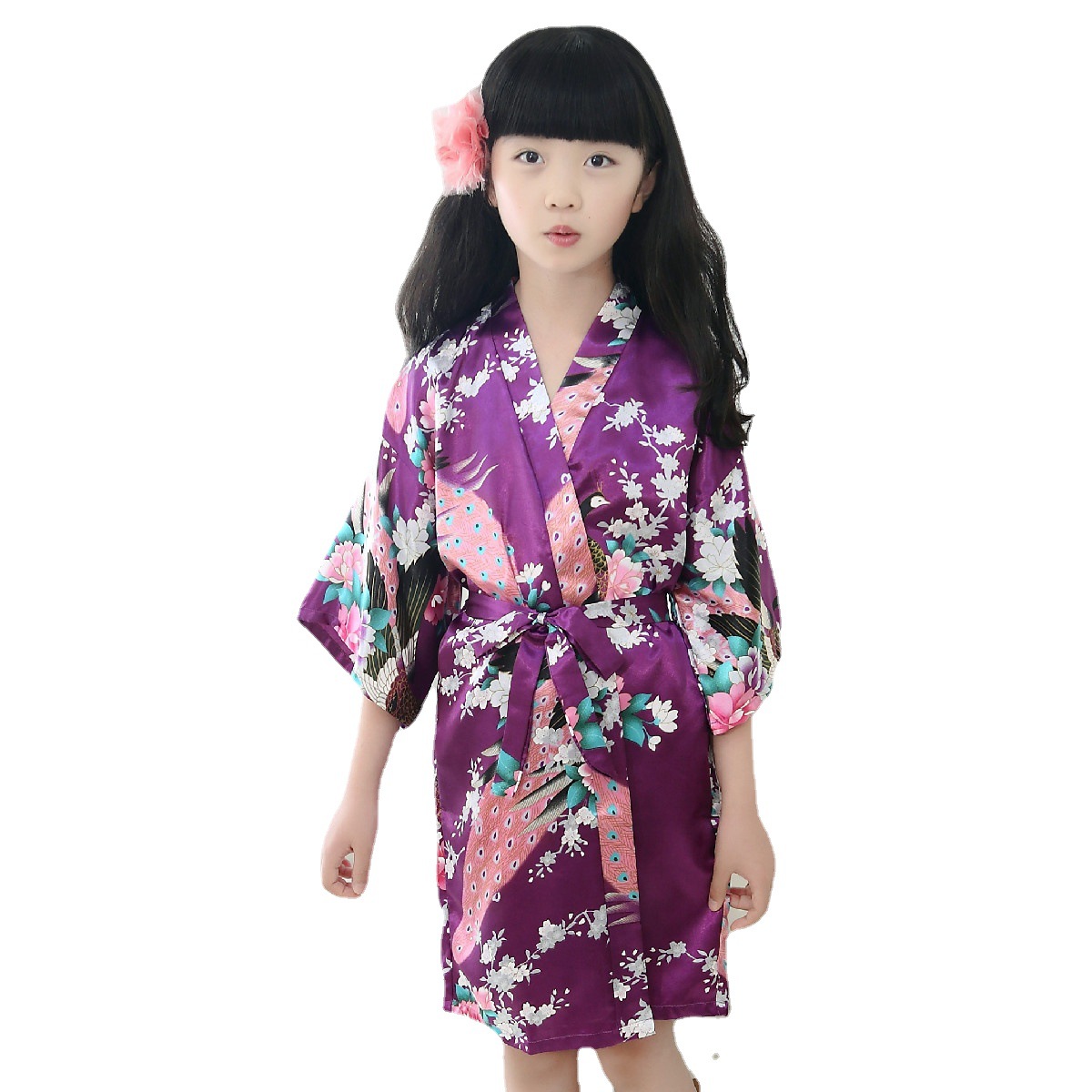 Cross-border silk children's nightgown foreign trade Peacock girls' bathrobe kimono printed summer Amazon bathrobe