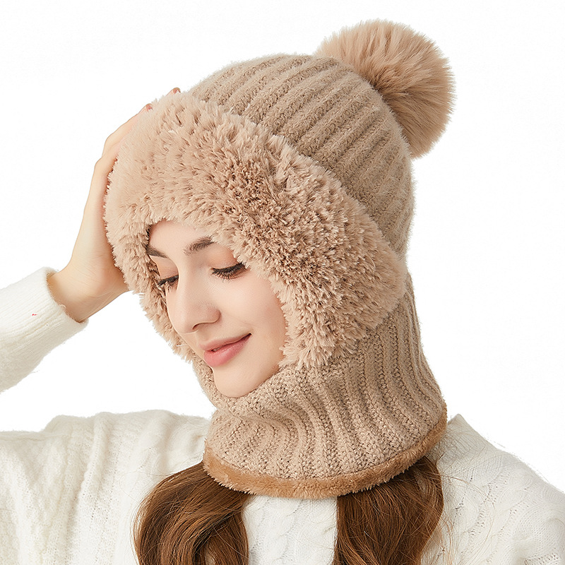 Knitted Hat Factory Cross-Border Amazon Thickened Velvet Hat Scarf Mask One-Piece Hat Winter Warm Hat for Women