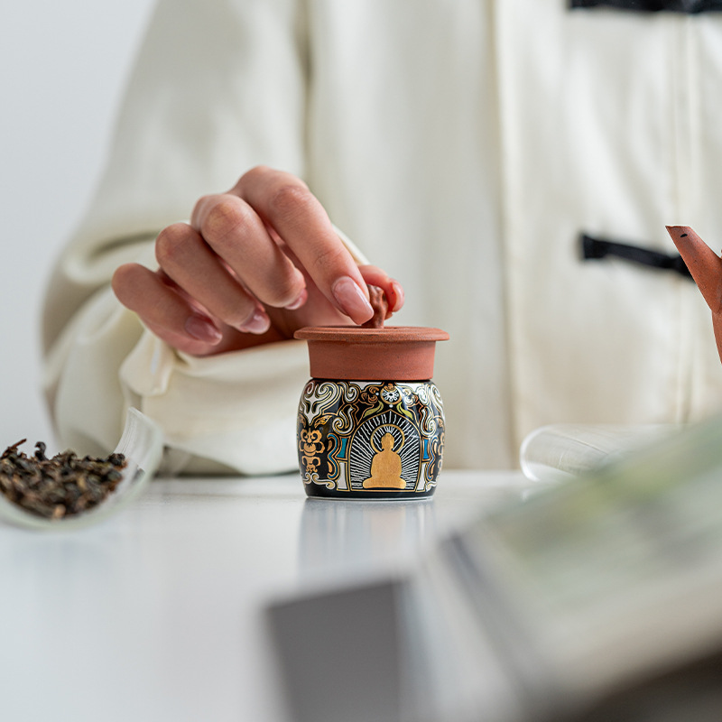 Cover Set Dunhuang Thangka Home Gold and Silver Wrong Retro Chinese Style Tea Pet Small Ornaments Purple Clay Pot Cover Bracket Tea Tray Accessories