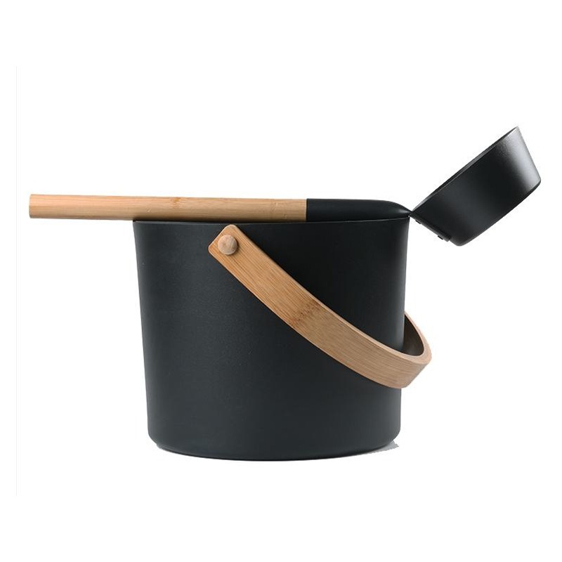 In Stock! Durable Model Sauna Aluminum Bucket, Aluminum Scoop, 5L Spray-Coated Aluminum Bucket, High Temperature Resistant, Black, White Wooden Handle