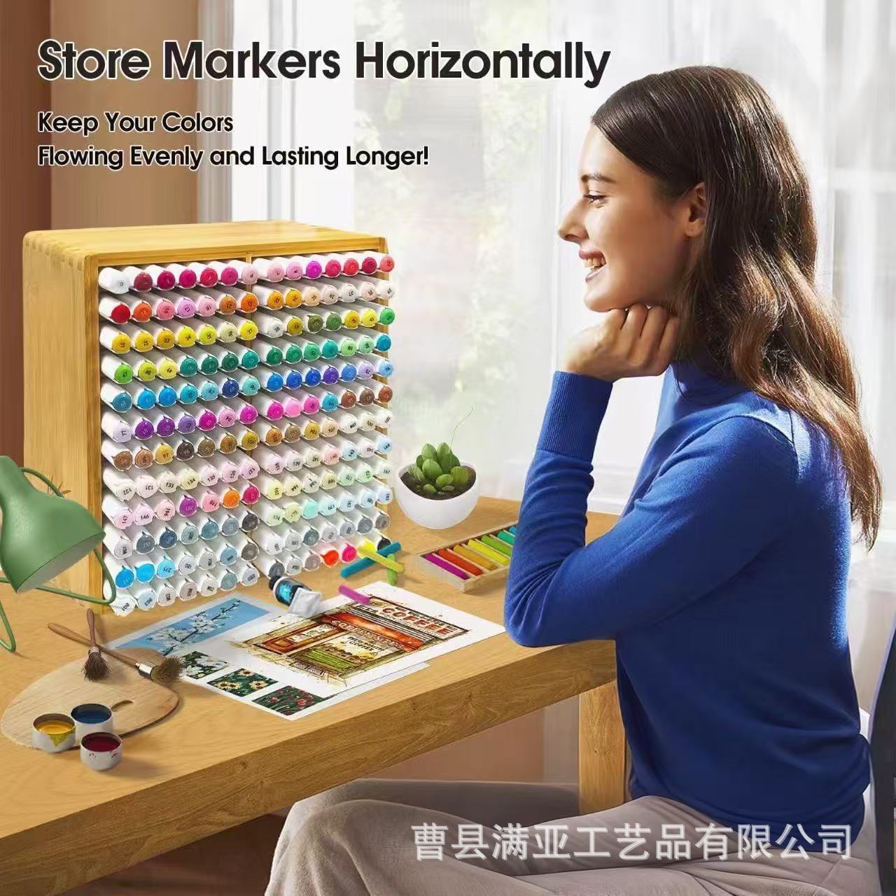 Bamboo wood desktop watercolor pen storage box office pen holder children oil painting stick painting brush storage rack multi-layer wooden frame
