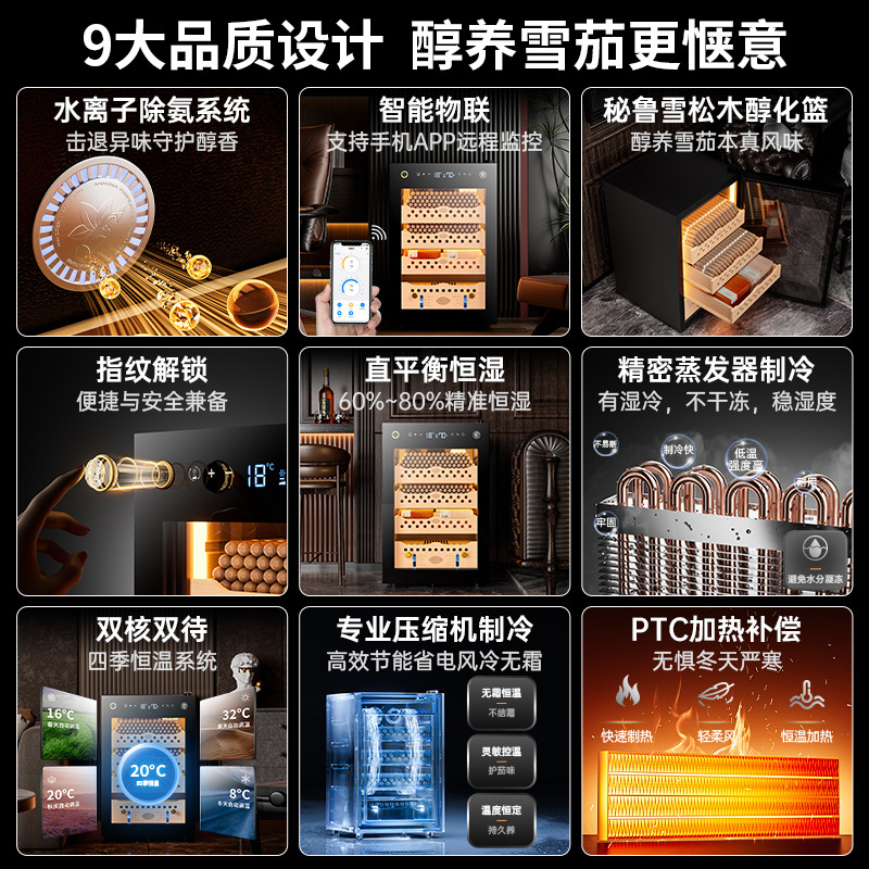 Cigar Cabinet with Fingerprint Lock, Constant Temperature and Humidity, Cedar Wood Shelves, Water Ion Ammonia Removal, Alcohol Nourishment, Wifi Cigar Cabinet