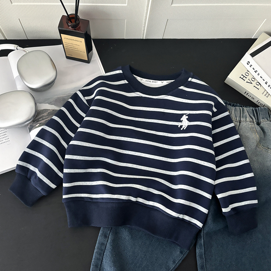 2025 New Embroidered Striped Sweatshirt for Boys and Girls, Fashionable Round Neck Pullover Long-Sleeved Korean Style Top for Small and Medium-Sized Children