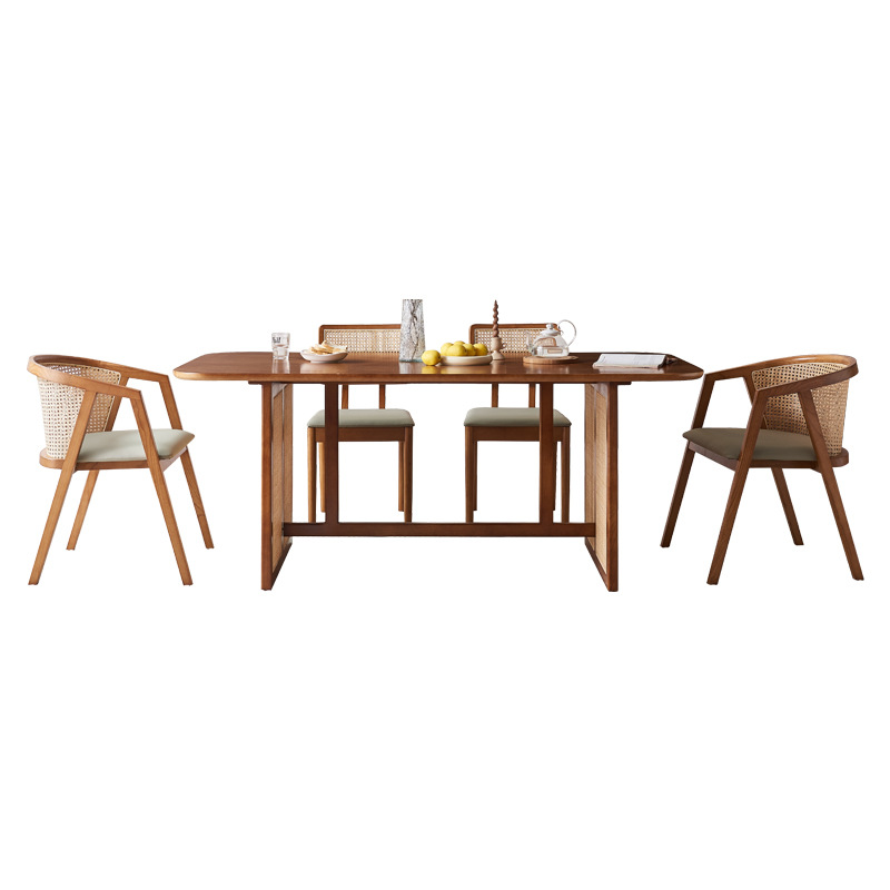 Nordic Solid Wood Dining Table Simple Designer Japanese Rattan Dining Table and Chair Combination Restaurant Hotel Commercial Set Dining Table