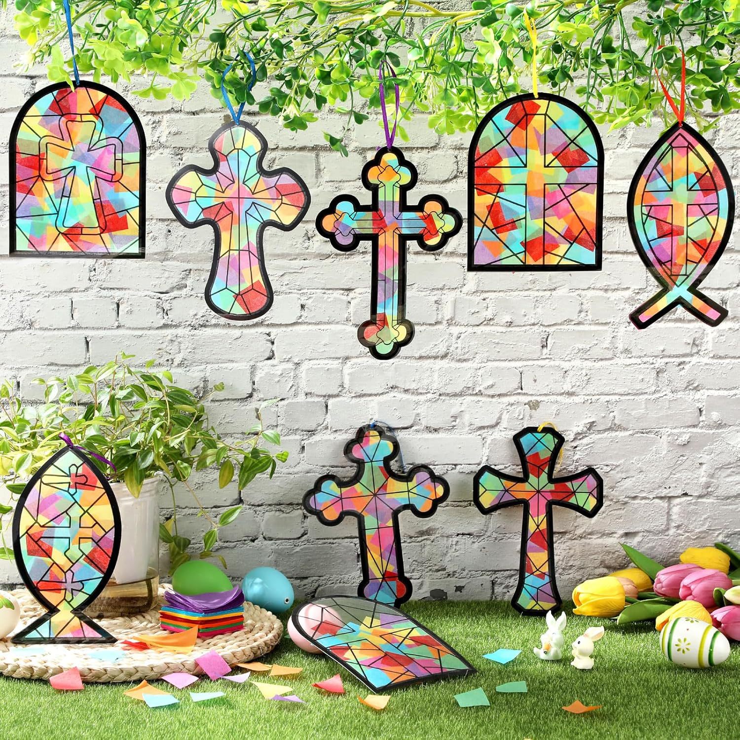 Набор из 32 предметов для создания солнечных ловцов в форме креста, DIY украшение из витражного стекла в форме креста