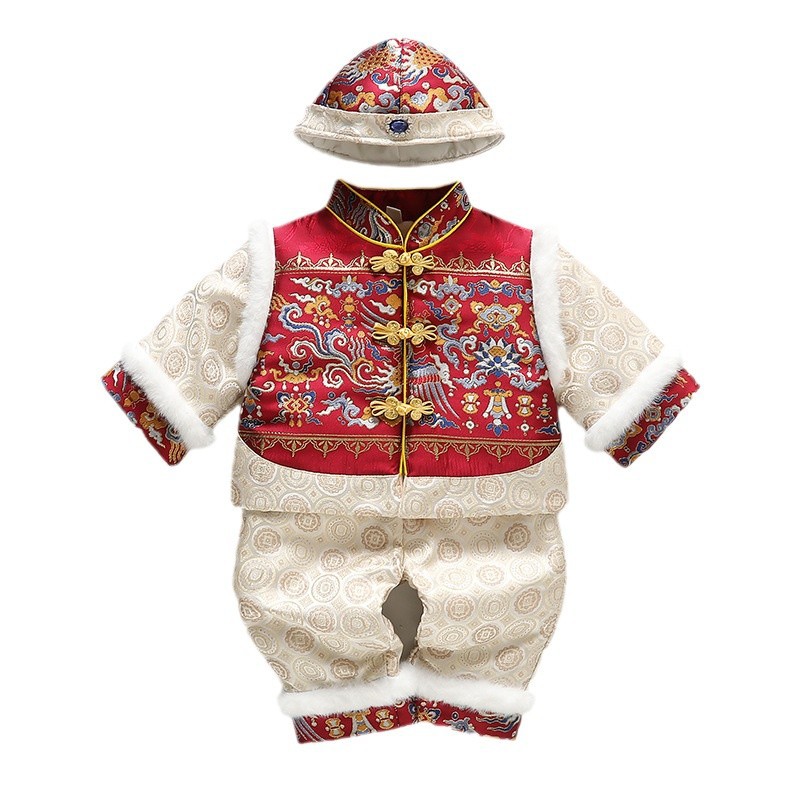 Winter Men's Treasure Week Dress New Chinese Style fleece-lined Thickened suit Happy New Year Dress One Year Birthday Banquet Dress