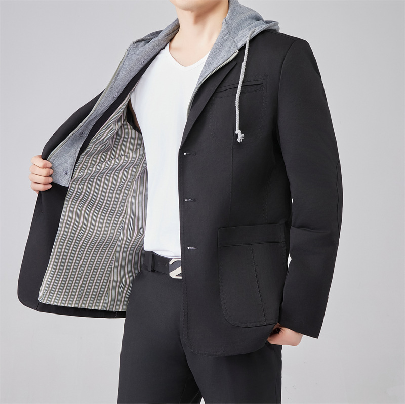 Бизнес костюм больших размеров, фейковый двухпредметный, с капюшоном, пиджак с тремя пуговицами, мужской, весенне-осенний, стильный повседневный пиджак