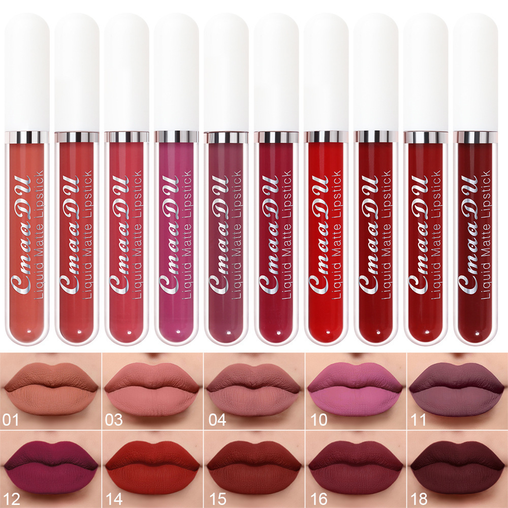 Cross-Border Exclusive Cmaadu 10-Pack Matte Long-Lasting Waterproof Lip Gloss Matte Non-Stick Cup Waterproof Long-Lasting Lipstick