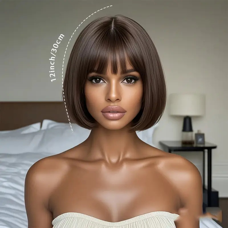 European and American Fashion New Dark Brown Short Straight Hair Bob Fashion Age-Reducing Natural Simulation Full Head Wig