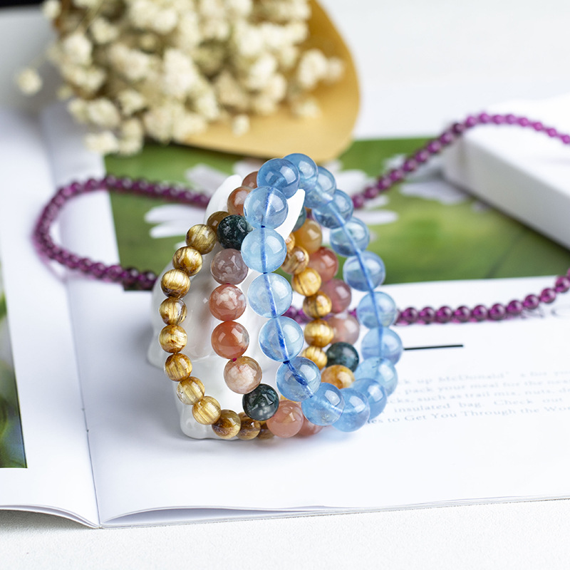Xiaoyu Jewelry Natural Crystal Aquamarine Garnet Golden Rutilated Quartz Green Phantom White Pink Quartz Golden Sun Crystal Bracelet