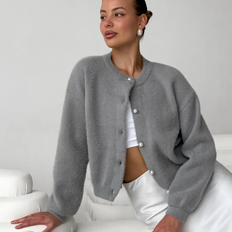Кросс-бордерный серый маленький ароматный стиль, вязаный кардиган для женщин, новый весенне-осенний высококачественный мягкий восковой имитация мускусного свитера, жакет