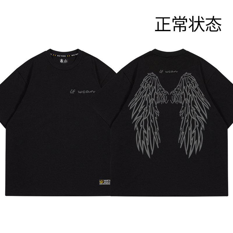 Laser Reflective Wings T-Shirt Summer New Ins Trendy Hot Stamping Angel Wings Loose Short-Sleeved Couple Wear Men's and Women's T-Shirts