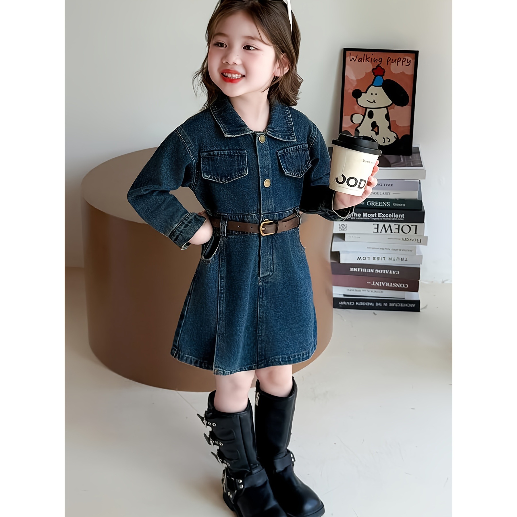Girls' Autumn and Winter Dresses New Baby Girl Korean Style Kidsren's Fashionable Skirt with Belt Dress