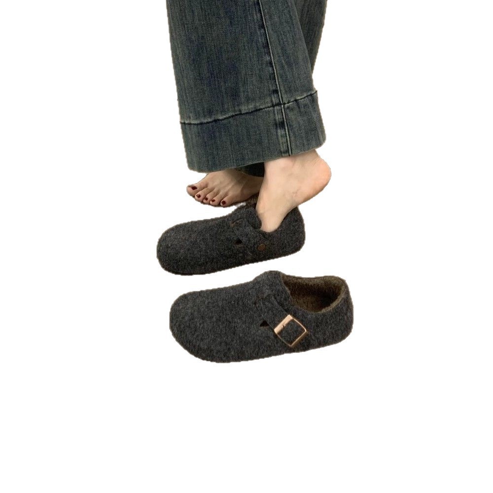 Retro Round-Toe Felt Fleece-Lined Birkenstock Shoes for Women Fleece-Lined Autumn and Winter Slip-On Warm Cotton Scoop Shoes Woolen Loafers