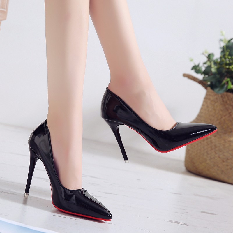 High-heeled shoes bed cannon shoes women's stiletto heel 2024 spring and autumn new black red bottom 10cm plus size pointed shoes