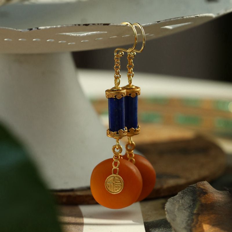 Looking back on pure jewelry natural amber old beeswax lapis lazuite retro ethnic style temperament women's long earrings TK eardrop