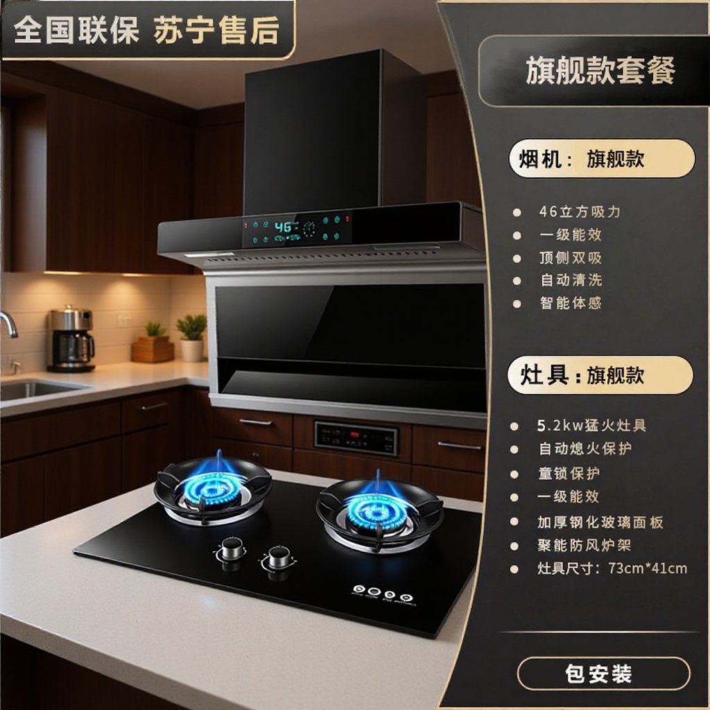 Вытяжка Haotaitai, газовая плита, кухонная вытяжка, набор из трех предметов, комбинация вытяжки и плиты, двойная плита, бесшумная