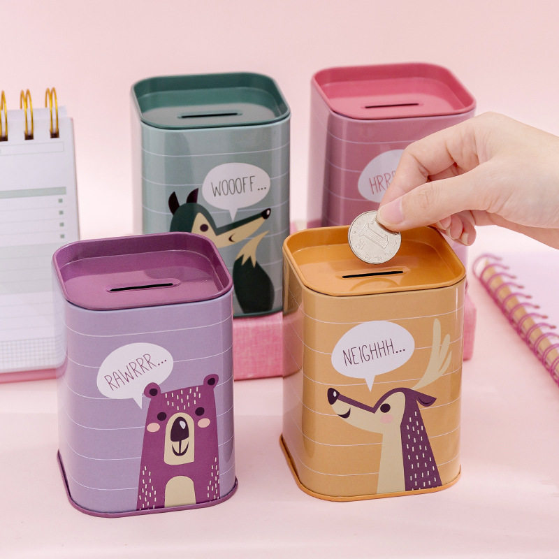 Cartoon square piggy bank for primary school students large capacity tinplate change piggy bank stationery storage can desktop ornaments