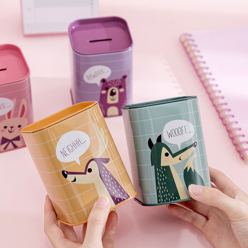 Cartoon square piggy bank for primary school students large capacity tinplate change piggy bank stationery storage can desktop ornaments
