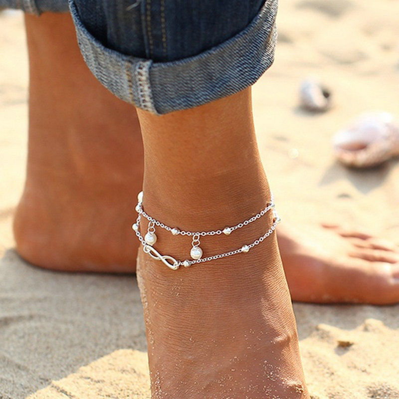 European and American fashion double-layer pearl 8-character anklet jewelry handmade beaded bracelet Joker personality female wholesale