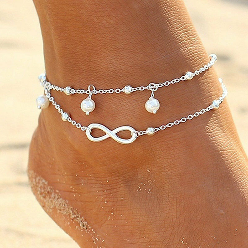 European and American fashion double-layer pearl 8-character anklet jewelry handmade beaded bracelet Joker personality female wholesale