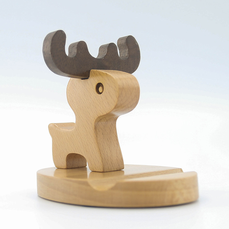 Wooden mobile phone stand bedside desktop Beech mobile phone holder creative cartoon deer solid wood bracket lettering logo