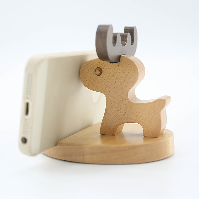 Wooden mobile phone stand bedside desktop Beech mobile phone holder creative cartoon deer solid wood bracket lettering logo