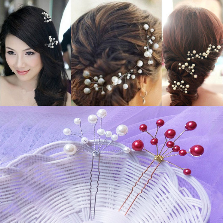 Korean-style Pearl bridal headdress white headdress wedding short ornaments handmade hairpin wedding dress accessories red head fork