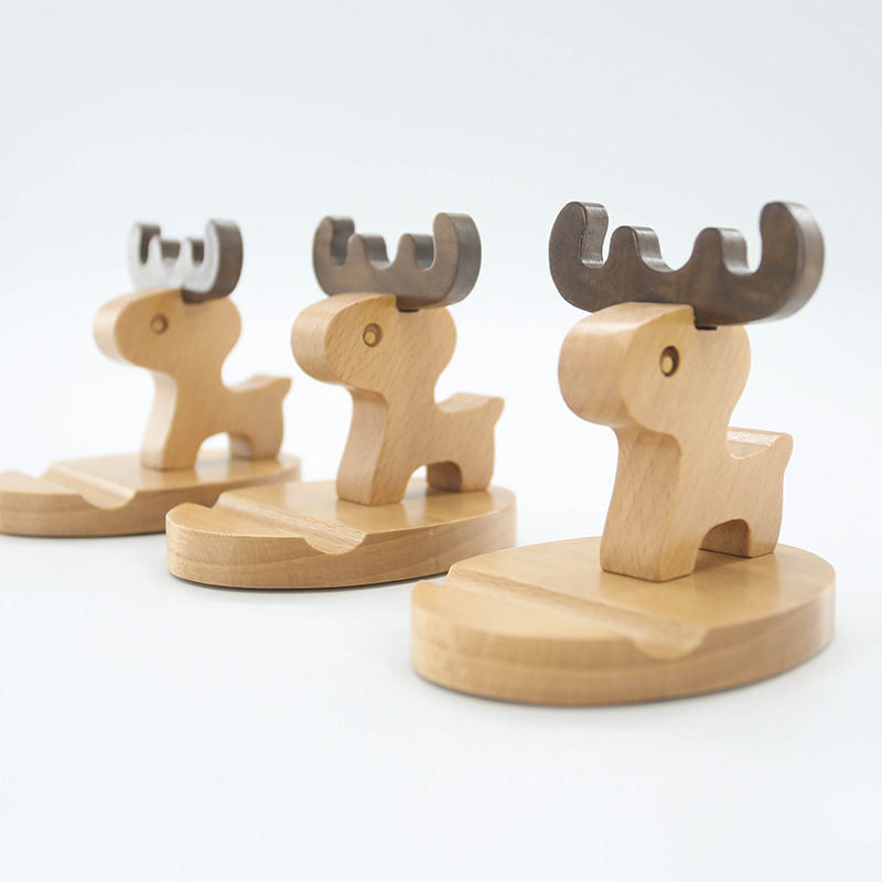 Wooden mobile phone stand bedside desktop Beech mobile phone holder creative cartoon deer solid wood bracket lettering logo