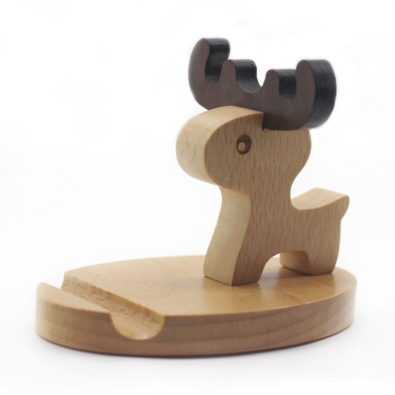 Wooden mobile phone stand bedside desktop Beech mobile phone holder creative cartoon deer solid wood bracket lettering logo