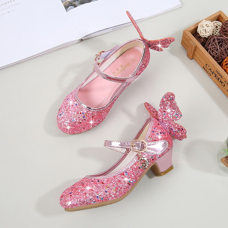 Girls High-Heeled Princess Leather Shoes 2025 Spring and Autum New Kidsren's Flats Kidsren's Performance Shoes Girls Crystal Shoes