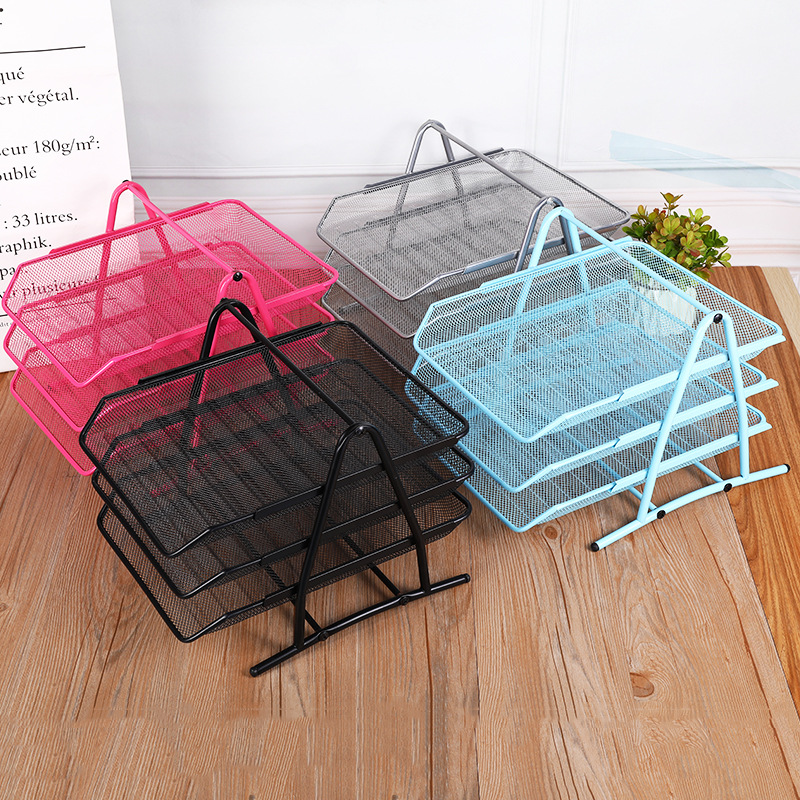 Hot selling metal iron net three-layer file tray file basket simple office supplies storage file rack wholesale