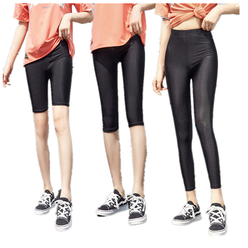 Thin Summer Glossy Pants for Women Plus Size Outer Wear Nine-Point Leggings Stretch Ice Silk Three-Point Safety Pants Black