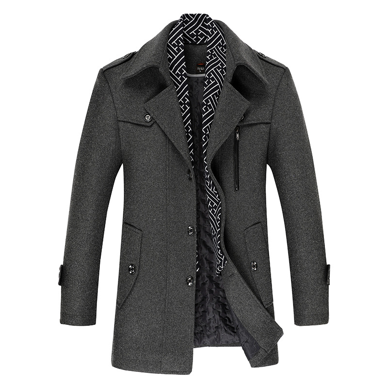 Cross-border Men's Woolen Coat Mid-length Scarf Collar Cotton Thickened Coat Woolen Jacket Men's Coat