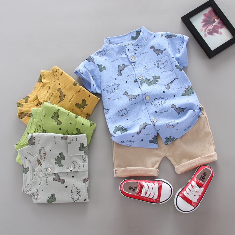 Children's short sleeve suit boy cartoon dinosaur pattern shirt suit factory wholesale support cross-border 1 piece generation hair