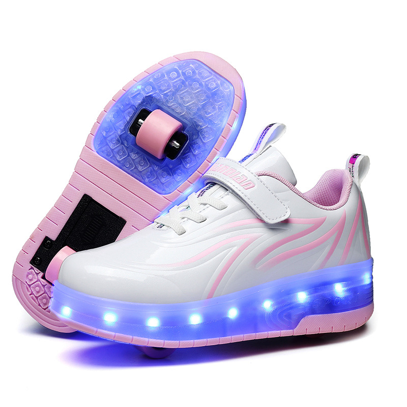 Manufacturers flash glow heywalk shoes for boys and girls students roller skates double-wheel flying shoelace wheels LED lights