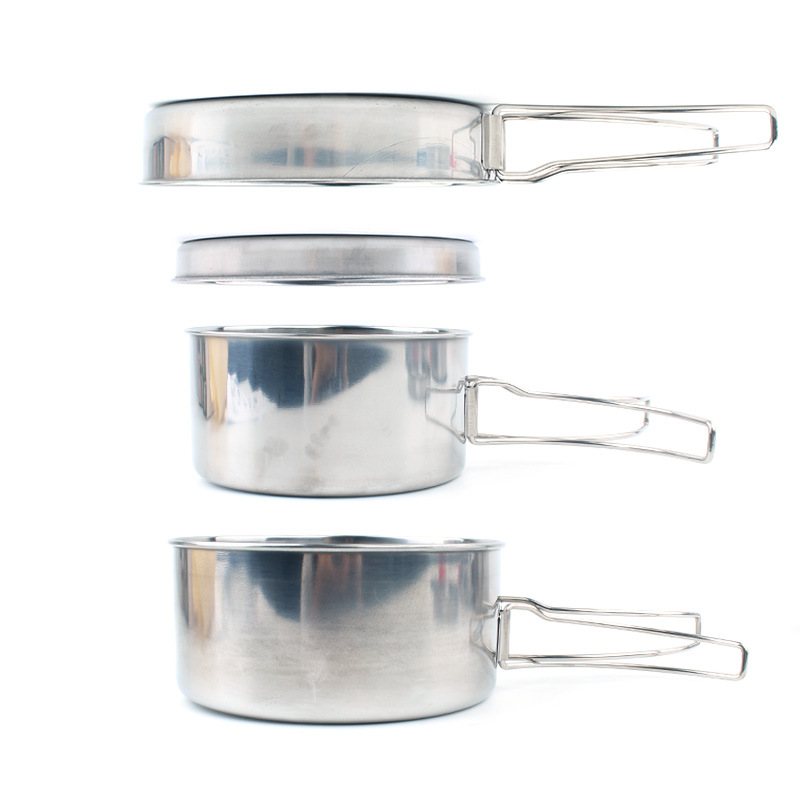 Outdoor Stainless Steel Set Pot 4-piece Camping Pot Kitchenware Travel Camping 2-3 Portable Set Bowl Frying Pan Pan