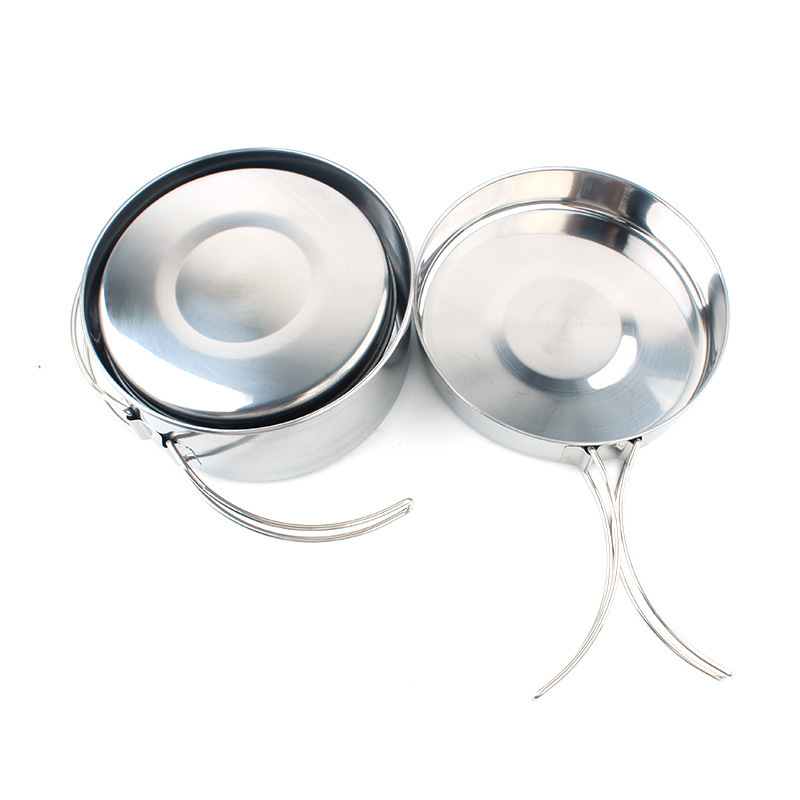 Outdoor Stainless Steel Set Pot 4-piece Camping Pot Kitchenware Travel Camping 2-3 Portable Set Bowl Frying Pan Pan