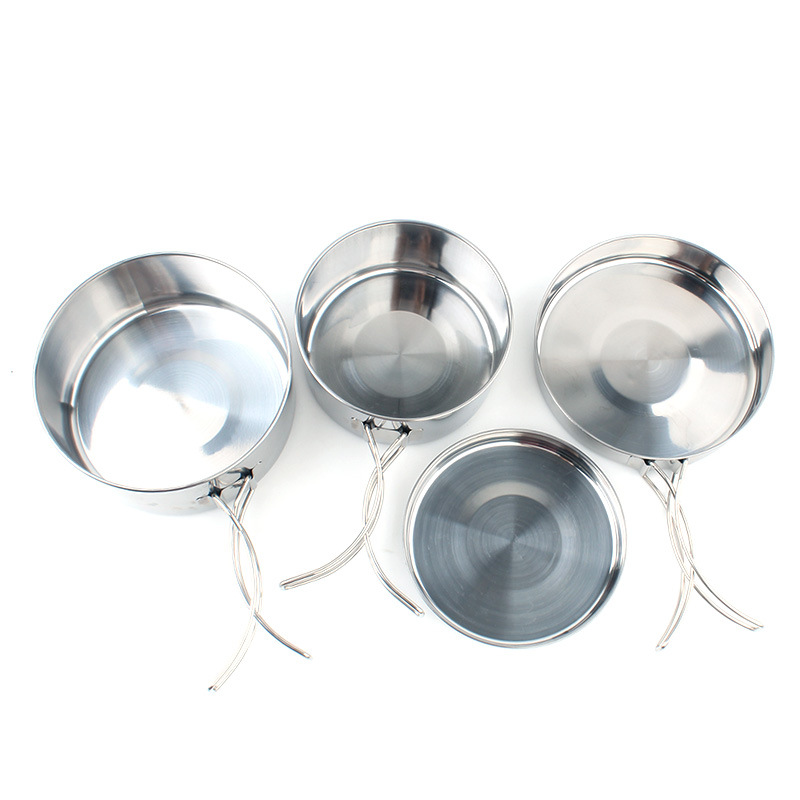 Outdoor Stainless Steel Set Pot 4-piece Camping Pot Kitchenware Travel Camping 2-3 Portable Set Bowl Frying Pan Pan