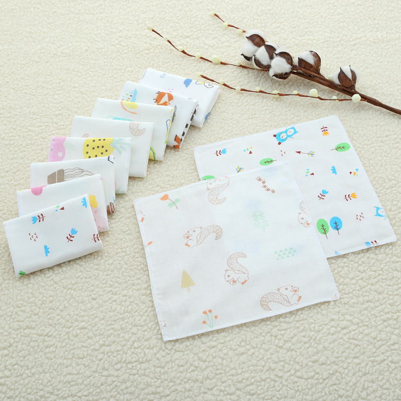 Pure Cotton Square Towel Printed Small Towel Baby Handkerchief Infant Saliva Towel Four-Layer Printed Hand Towel Gauze Rag